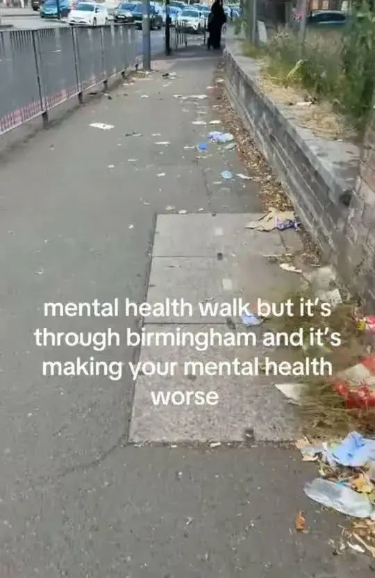 Picture of a run down British street with some litter captioned with "mental health walk but it's through Birmingham and it's making your mental health worse".