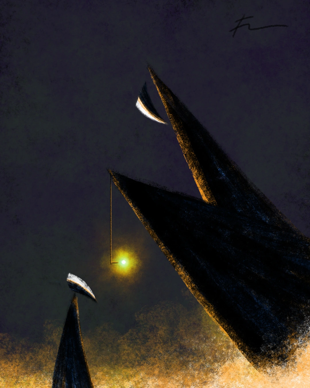 Digital painting of two abstract figures, one small and one tall. The tall one is showing the small one a light, which is illuminating the largely dark surroundings.