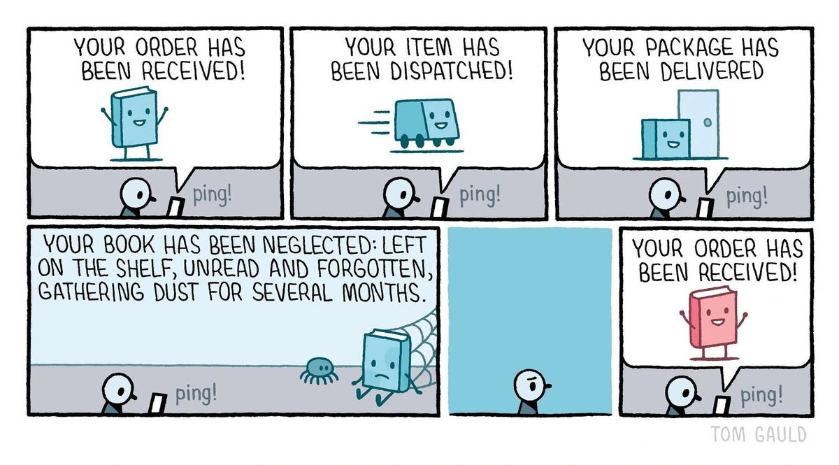A six panel comic by Tom Gauld with a little man sitting infront of his laptop.

1: YOUR ORDER HAS BEEN RECEIVED! 
2: YOUR ITEM HAS BEEN DISPATCHED! 
3: YOUR PACKAGE HAS BEEN DELIVERED!
4: YOUR BOOK HAS BEEN NEGLECTED: LEFT ON THE SHELF, UNREAD AND FORGOTTEN, GATHERING DUST FOR SEVERAL MONTHS.
5: The little man looks concerned.
6: YOUR ORDER HAS BEEN RECEIVED! 