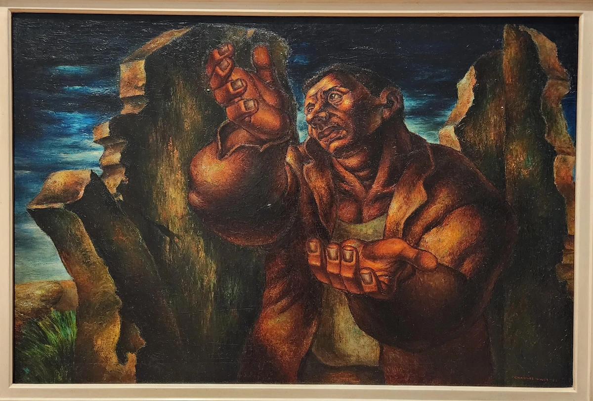 waist-up portrait of a Black man in art deco/brutalist style. he is looking up and holding out his hands, with some walls in ruins behind him.
