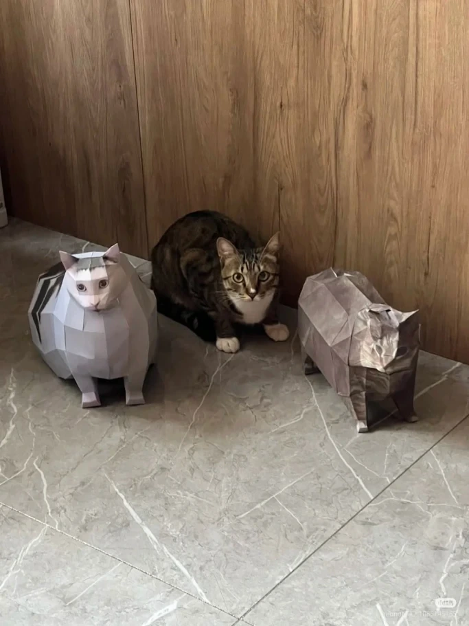 Picture of a cat next to two low poly paper cats