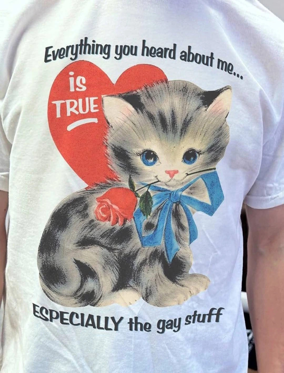 "Everything you heard about me is true especially the gay stuff" Cat with a rose in it's mouth, all printed on a white T-shirt