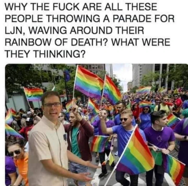 image of the Angry Video Game Nerd superimposed over a pride parade. Caption: "WHY THE FUCK ARE ALL THESE PEOPLE THROWING A PARADE FOR LJN, WAVING AROUND THEIR RAINBOW OF DEATH? WHAT WERE THEY THINKING?"
