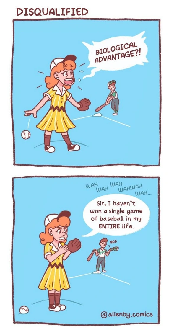 A two-panel comic titled "DISQUALIFIED" features a woman dressed like Charlie Brown arguing with a male player who is crying and nodding as she points out that she has never won a game in her entire life.