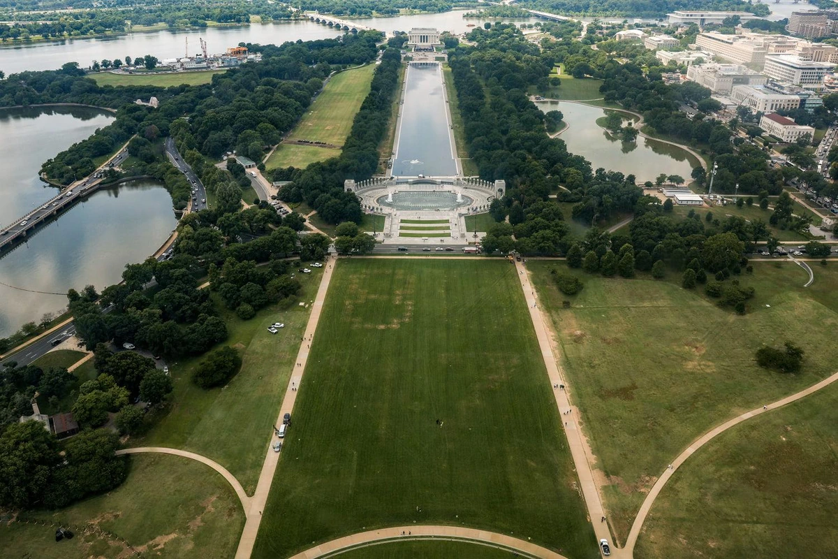 Giant markings appear to read '8647' on the National Mall in Washington