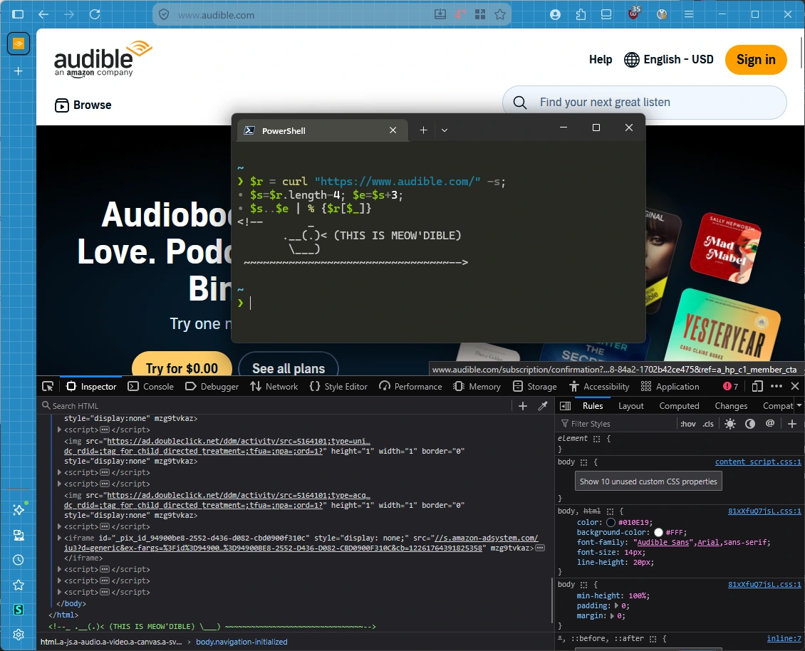 Screenshot of audible's website showing the html code with the duck on one row and a terminal displaying the same duck on multiple rows.
