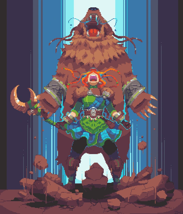 Pixel art. A woman faces the camera, roaring, raged, with her head pointing towards the sky. She's dressed like a goddess from Norse mythology, with a bear standing behind her, striking the same pose. Ground beneath them breaks, kinetic lines in the background