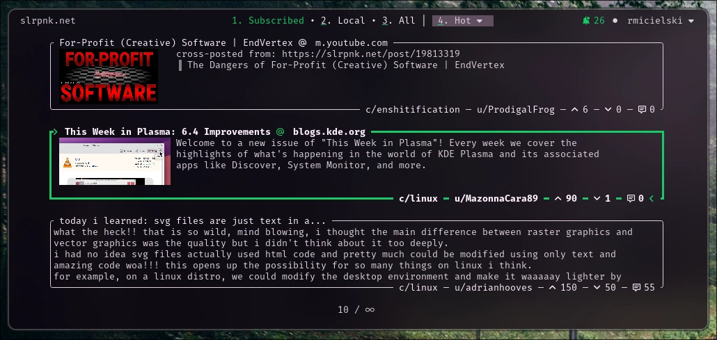 Screenshot of a TUI for Lemmy