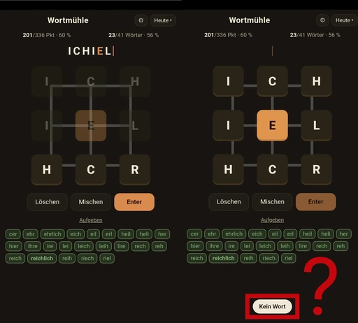 Heutiges Wortmühle-Spiel. Buchstaben: 🄸🄲🄷 🄸🅴🄻 🄷🄲🅁. ICHIEL ist "kein Wort".