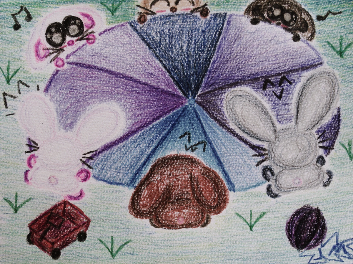 A class of bunnies are playing with a parachute in their school playground for parachute day. A purple ball and a red wagon are dotted in the scene.  This was drawn in crayons on watercolor paper, and photographed through a Lumix GF2 with a Vivitar Series 1 19-35mm f3.5-4.5 FD-mount zoom lens mounted to it.