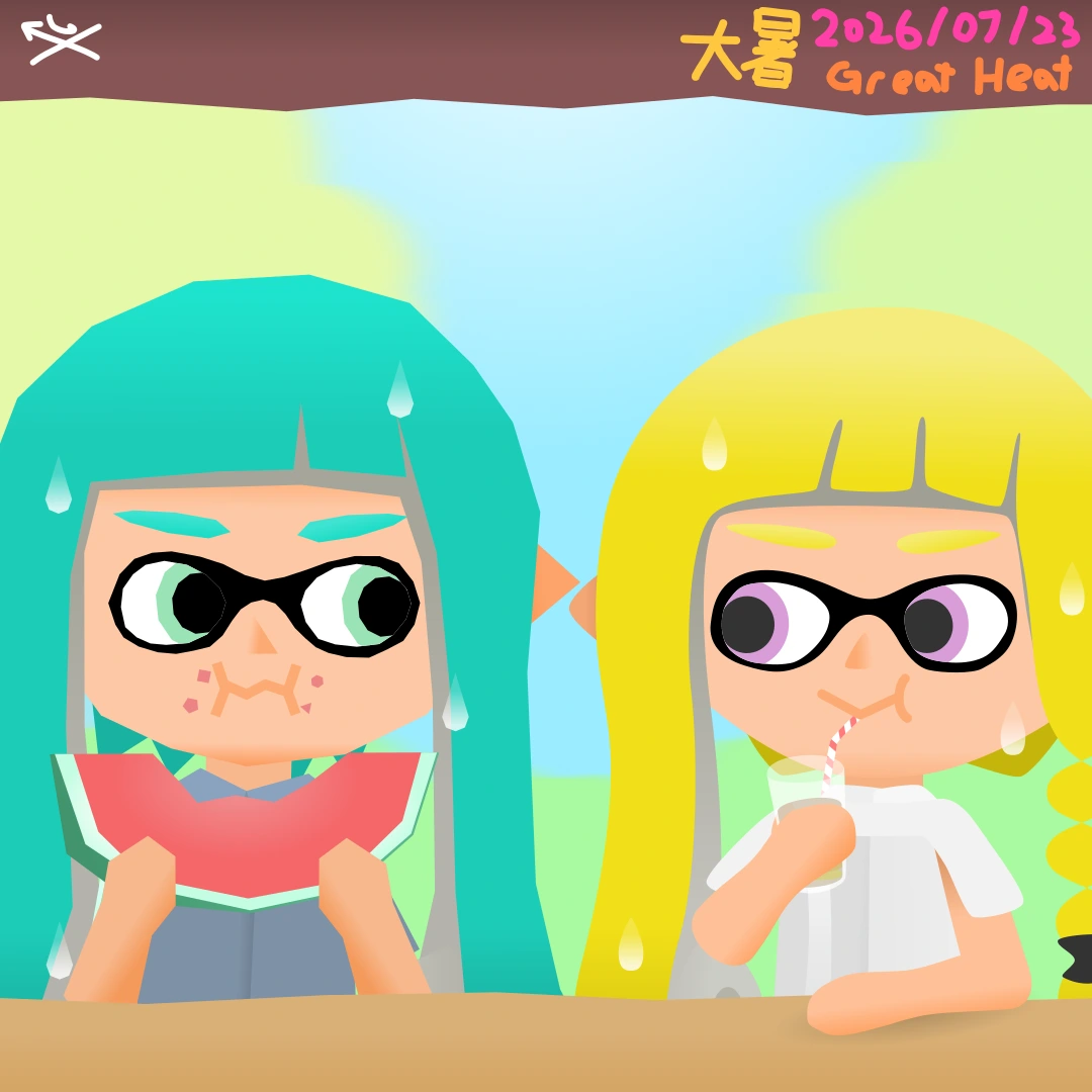 Summatia eating watermelon on the left, Integrelle drinking lemon tea on the right. They are looking at each other.
