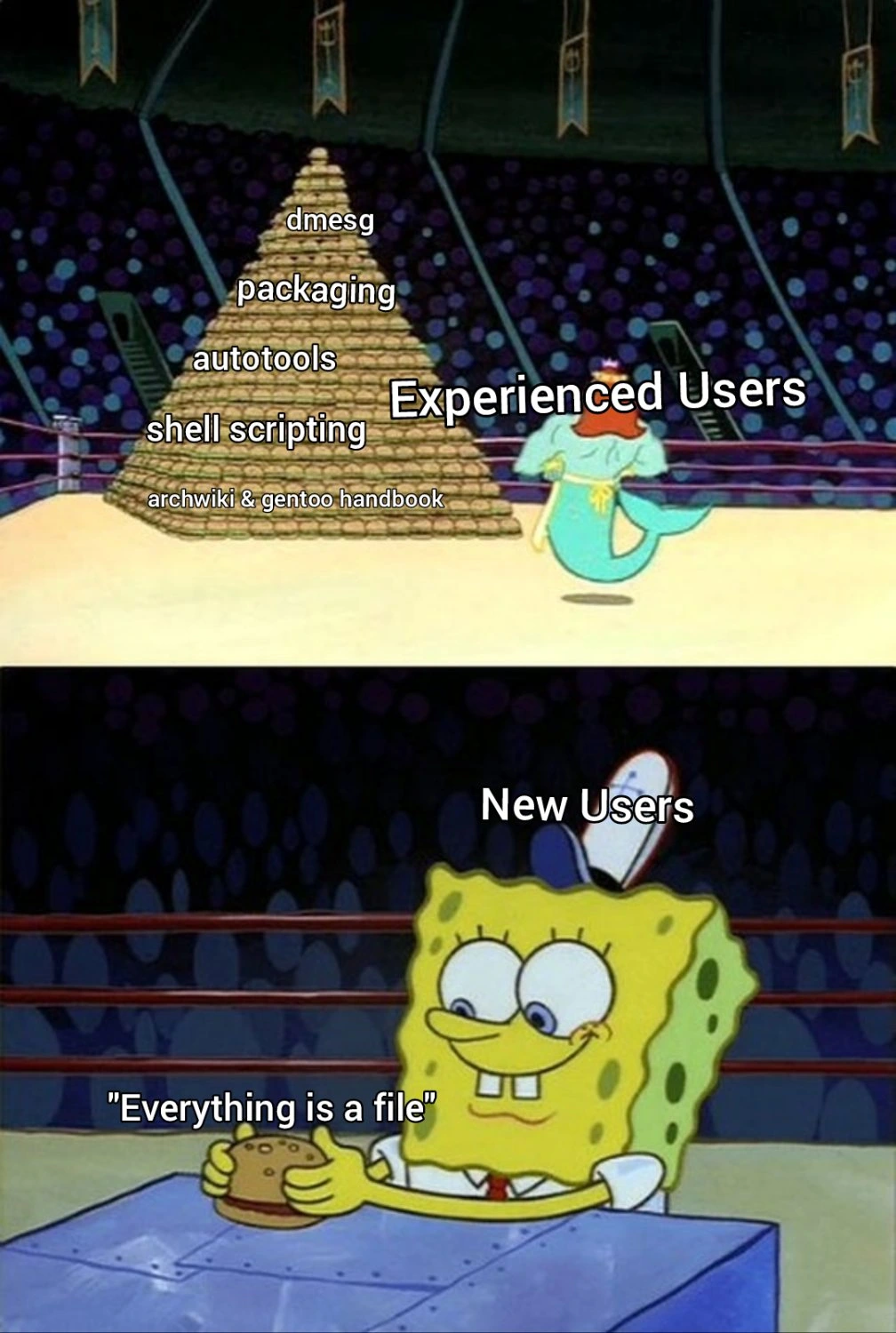 Experienced users : archwiki & gentoo handbook, shell scripting, autotools, packaging, and dmesg
new users : "everything is a file"
