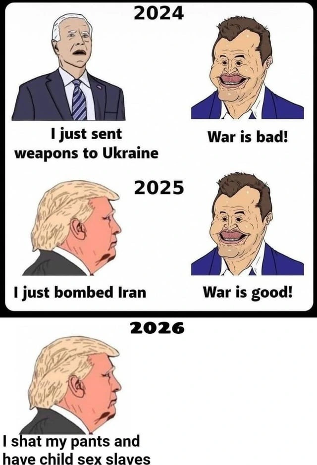 2024: Biden: "I just sent weapons to Ukraine". Charlie Kirk: "War is bad!". 2025: Trump: "I just bombed Iran". Charlie Kirk: "War is good!". 2026: Trump: "I shat my pants and have child sex slaves". Empty white space where Charlie Kirk would be