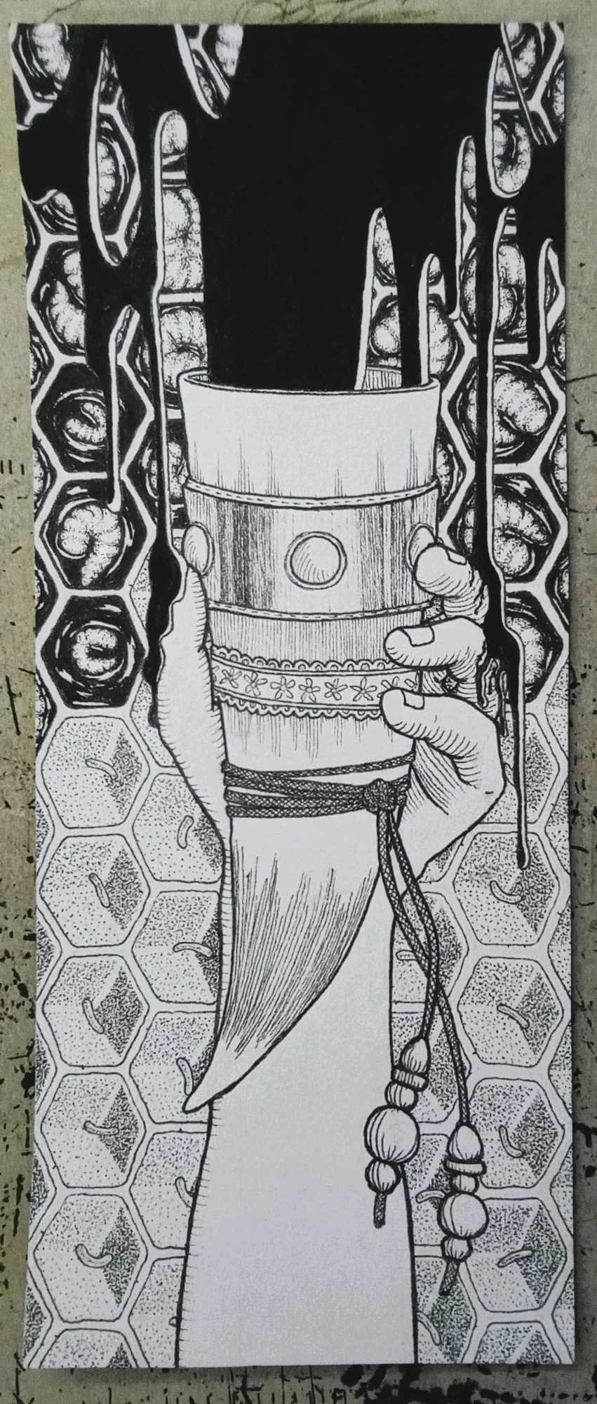 black ink fineliner & marker drawing of a hand holding up a hollowed animal horn to collect dark liquid that drips from outside the scope of the paper. in the background is a bee broodcomb full of eggs and larvae but I didn't do a very good job of that.