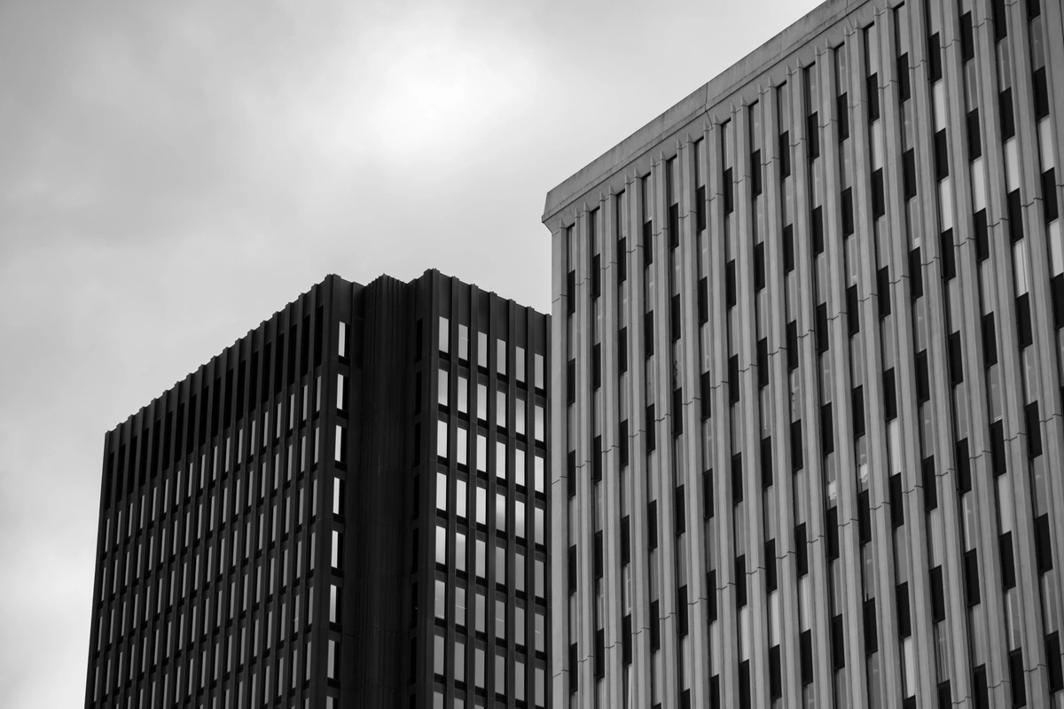 Monochrome image of international style architecture towers in Buffalo, NY