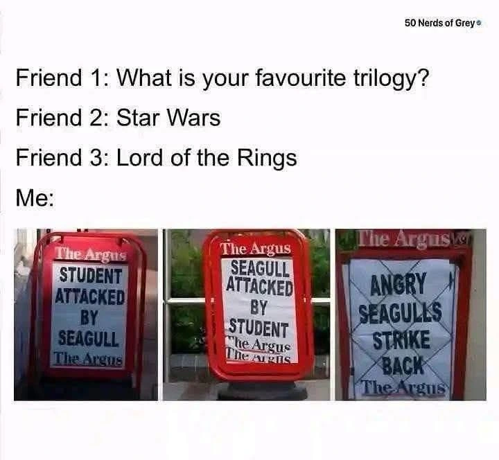 Meme from 50 Nerds of Grey

Friend 1: What is your favourite trilogy?
Friend 2: Star Wars
Friend 3: Lord of the Rings
Me:
Three pictures from The Argus newspaper headlines.
1: Student attacked by seagull
2: Seagull attacked by student
3: Angry seagulls strike back