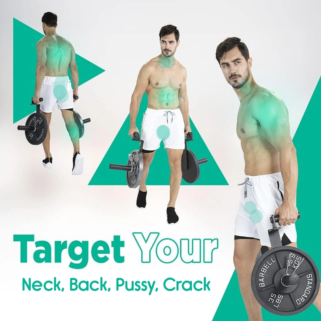 Images of a man doing a loaded carry with a piece of gym equipment. His neck, back, biceps, abdomen, crotch and ass are highlighted as points being worked out. Caption says "Target your neck, back, pussy, crack".