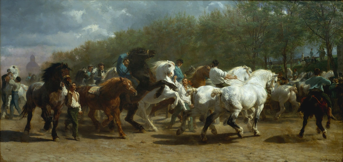 The Horse Fair is an oil-on-canvas painting by French artist Rosa Bonheur, begun in 1852 and first exhibited at the Paris Salon of 1853. The painting depicts dealers selling horses at the horse market held on the Boulevard de l'Hôpital in Paris. The hospital of Salpêtrière can be seen in the left background. 