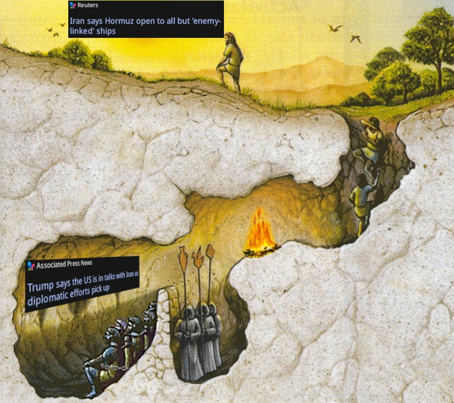 meme depicts Plato's Cave with the shadows on the cave wall showing "Associated Press News - Trump says the US is in talks with Iran as diplomatic efforts pick up"