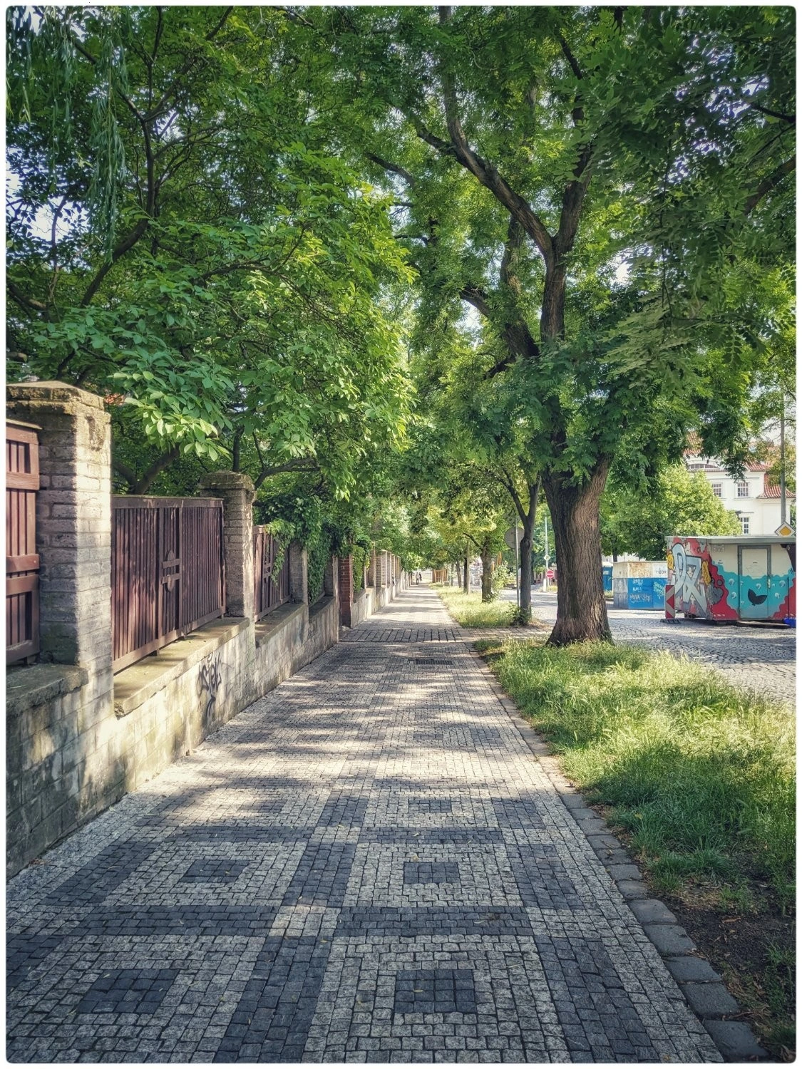 A cobblestone path lined with trees, a stone wall on the left, and a graffiti building on the right.