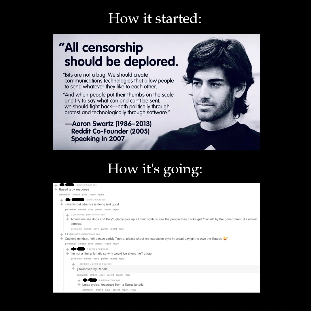 A quote from Aaron Swartz saying censorship is deplorable and we should protest for our rights. Years later, reddit removing a comment from a protest supporter and not the person vaguely threatening them.