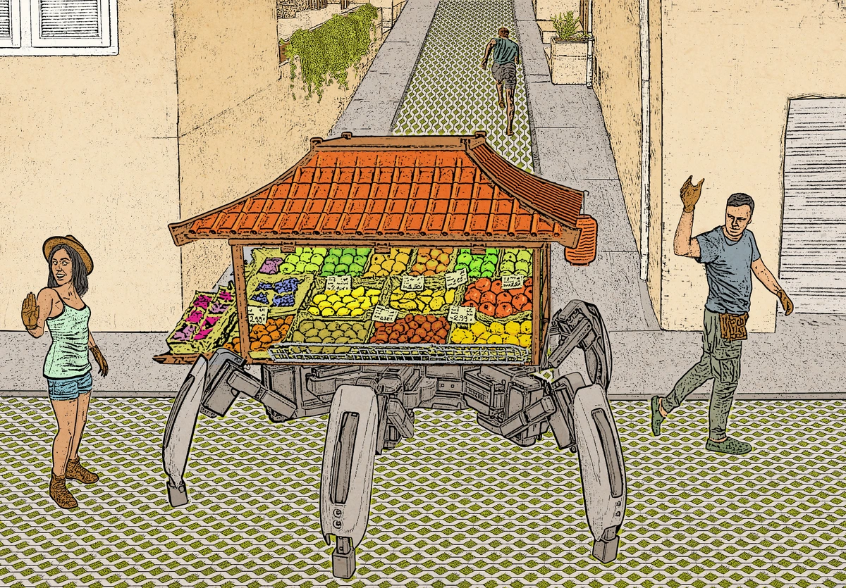 The image is a line art photobash of two people escorting a hexapod robotic fruit stand with a tile roof along a street surfaced in permeable pavers. In the background a man is escaping up a steep, narrow street they've accidentally blocked.