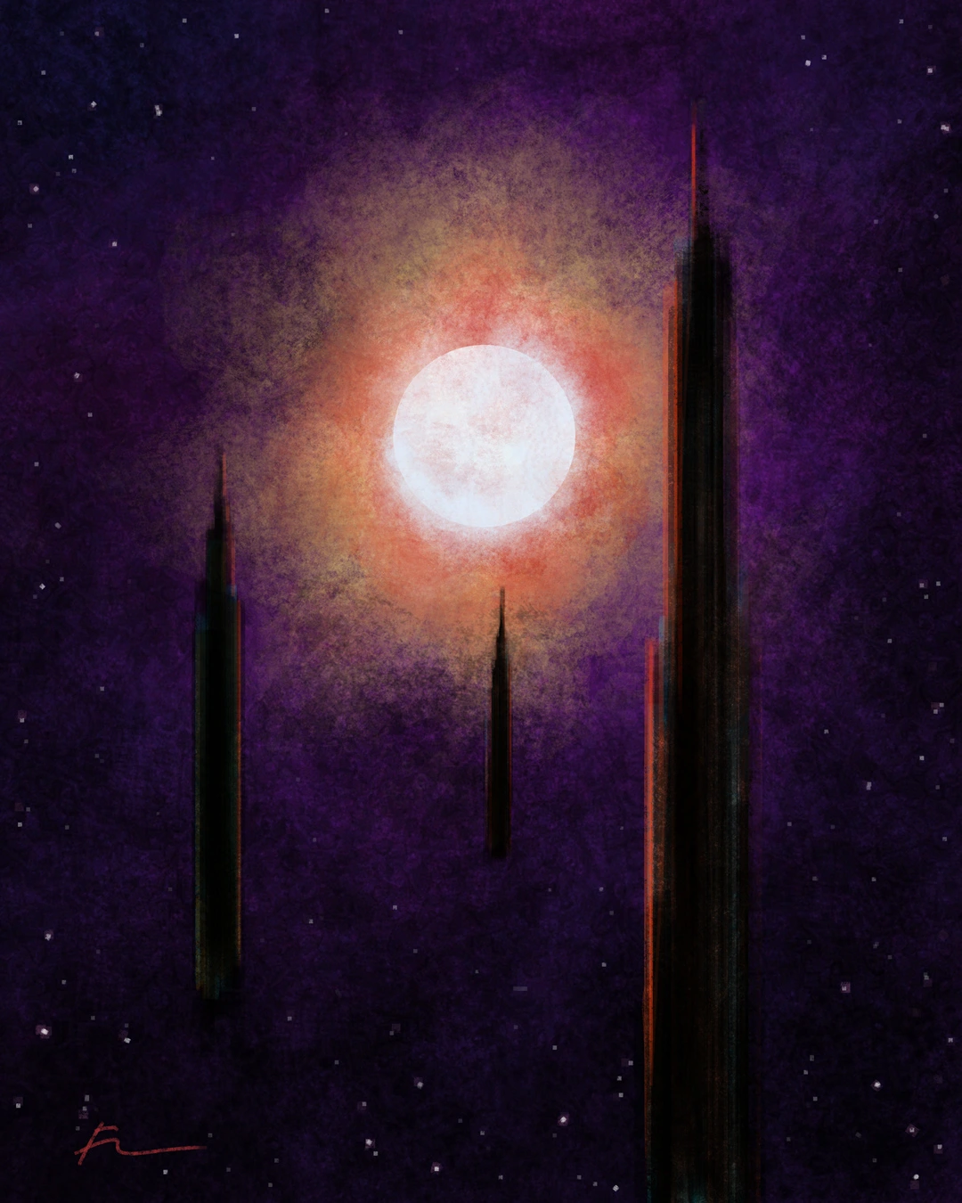 Ominous digital painting of three shard-like spaceships floating in space. A large star is seen in the background.