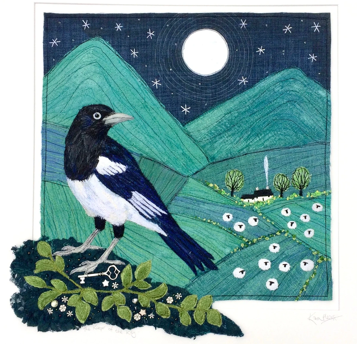 A picture of textile art by Karen Pleass, featuring a black and white magpie, with rolling hills and trees and a house in the background, against a night sky and a full moon.