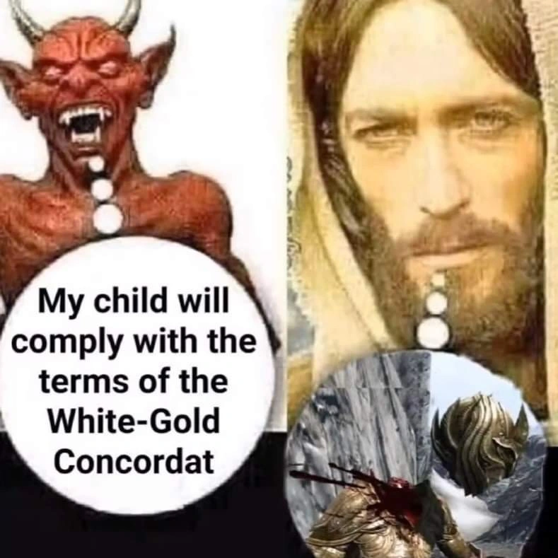 satan vs Jesus "my child will..." meme format. satan says: "my child will comply with the terms of the white-gold concordat". Jesus' speech bubble shows the beheading of a High Elf.