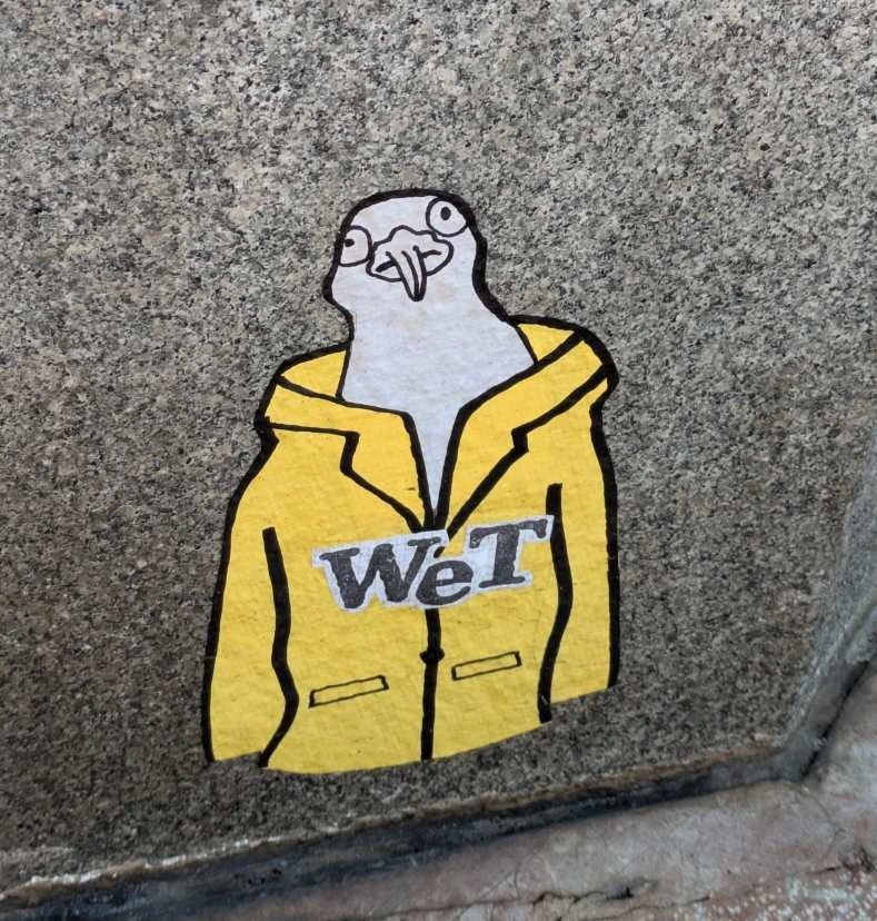 a dove wearing a yellow raincoat with the word "WeT" on it. wheatpasted on grey stone