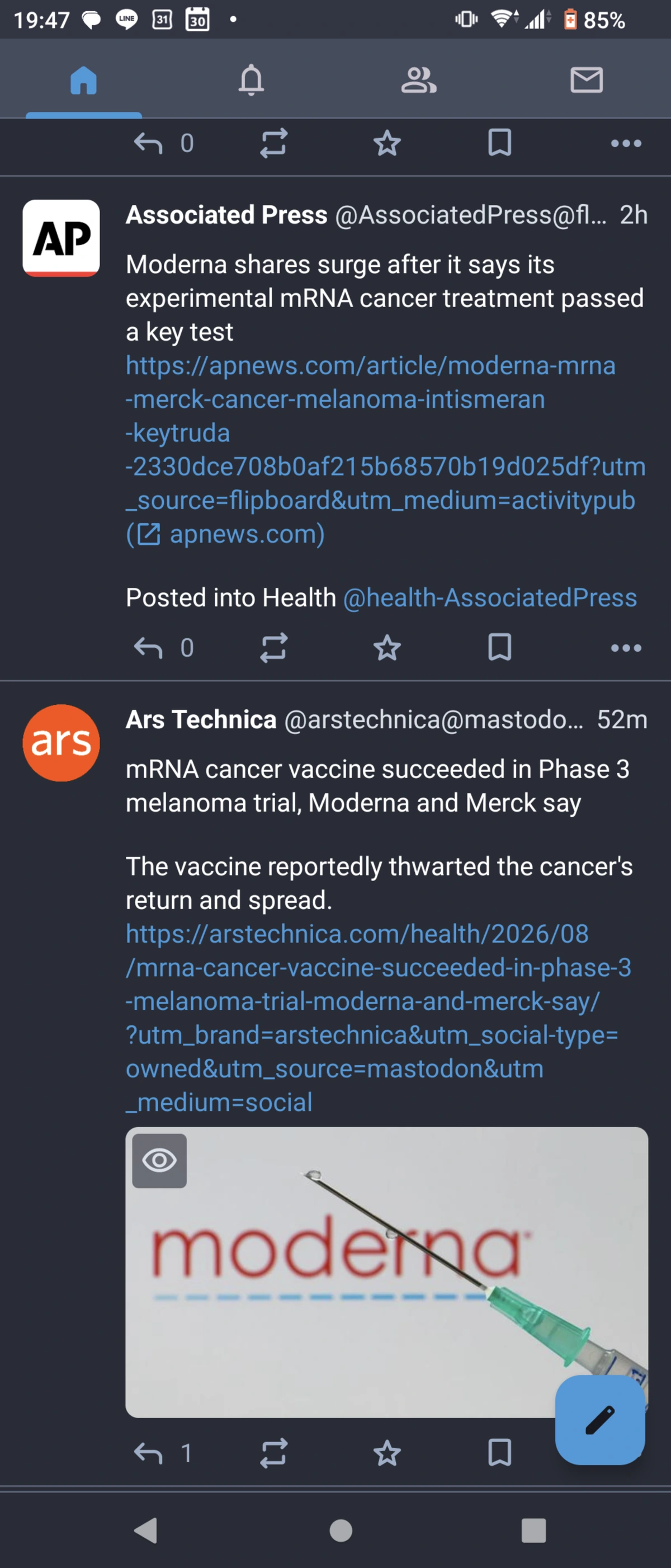 screenshot of two Mastodon posts about Moderna melanoma vaccine. Ars Technica focus on the medical breakthrough. AP focus on surging share prices
