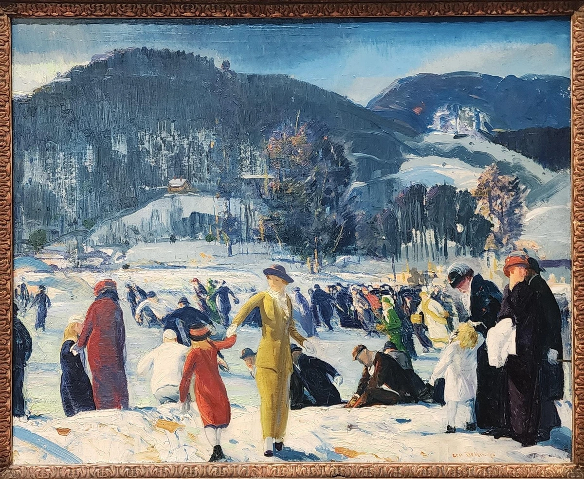 Impressionist painting of a crowd of people in colorful garb ice skating on a frozen lake or standing on the shore. wooded hills rise in the background.