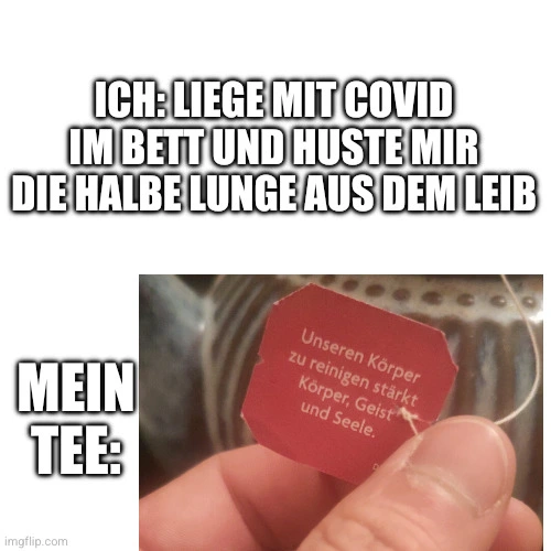 Ich: Liege mit Covid im Bett und huste mir die halbe Lunge aus dem Leib.

Mein Tee: Foto eines Teebeutel-Anhängers mit dem Text "Unseren Körper zu reinigen stärkt Körper, Geist und Seele"