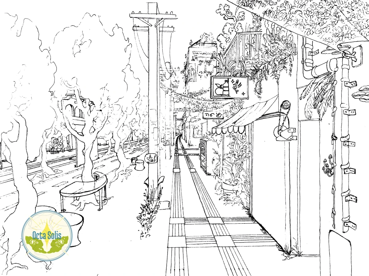 A sketch of a city with a large pedestrian zone; it features two guide rails for the visually impaired, is lined with trees, and has green canopies stretched over the pedestrian area. The walls are covered in vegetation, with mushrooms and other elements, and a terracotta gutter runs along the wall; the water flowing from it will power a waterwheel. The entrances and shops are on the right. On the left side of the sidewalk, the road includes a bike lane, and further to the left in the sketch, tram tracks. There is no vehicle access on this main city street.  Translated with DeepL.com (free version)