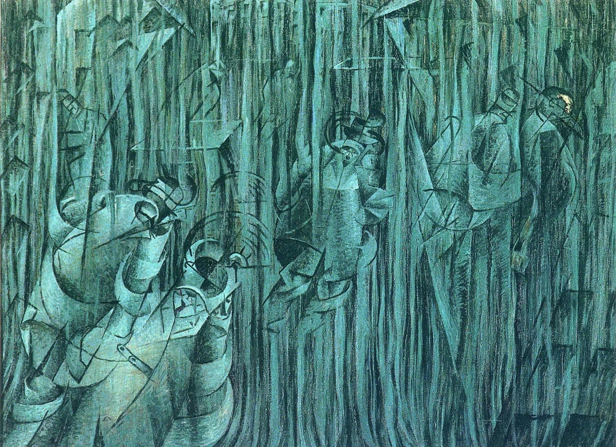 States of Mind III: Those Who Stay by Umberto Boccioni: an abstract Futurist painting in muted green and blue tones, with fragmented figures, intersecting planes, and vertical streaks that suggest movement, tension, and a reflective mood.