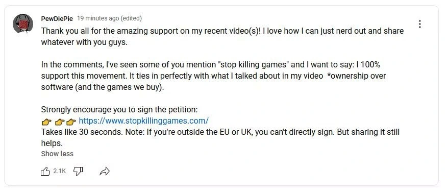 PEWDIEPIE is bow also talking about StopKillingGames!