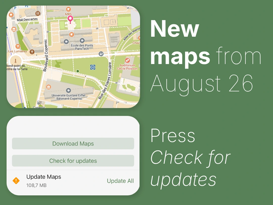 a share image reading "New maps from August 26 - Press check for updates" alongside a screenshot of the update interface and a map image of the State of the Map venue