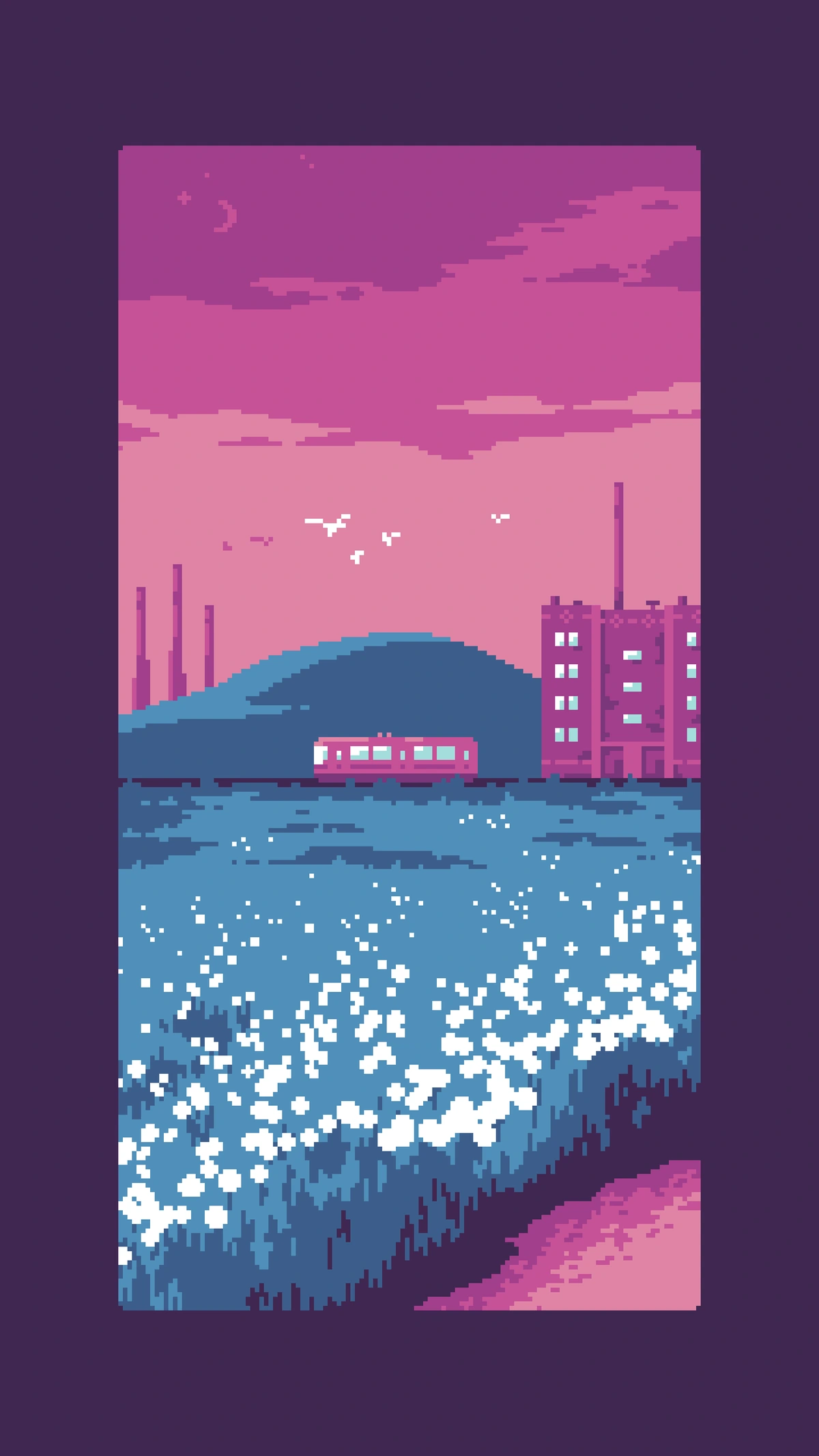 bright pink tram crosses a blue field. pink apartment building on the right. in the background, a blue hill sits under a pink sky with bird silhouettes. the foreground features a blue meadow packed with white flowers and a pink water in the corner