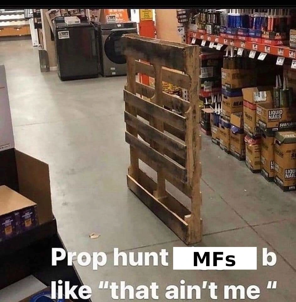 image of a wooden pallet standing upright in the middle of a home depot aisle with the caption "Prop hunt mfs be like 'that aint me'"