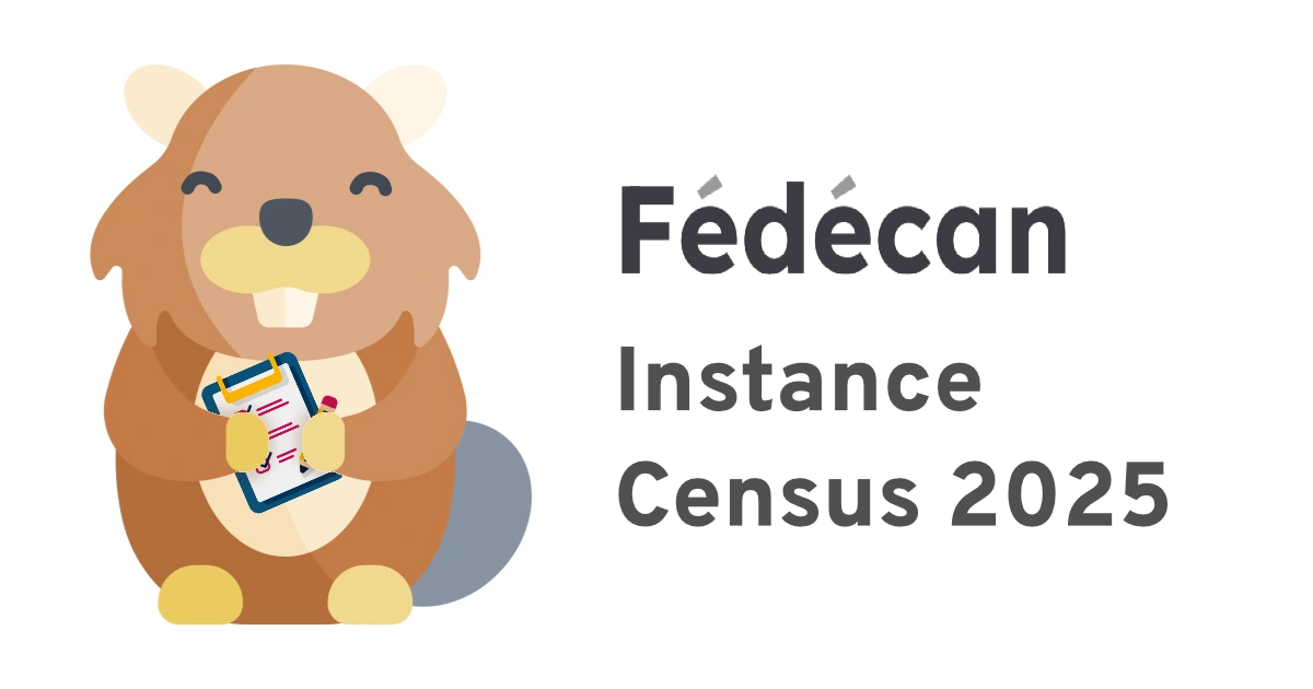 An icon of a beaver with happy eyes, holding a clipboard and pencil, with the text "Fedecan Instance Census 2025"
