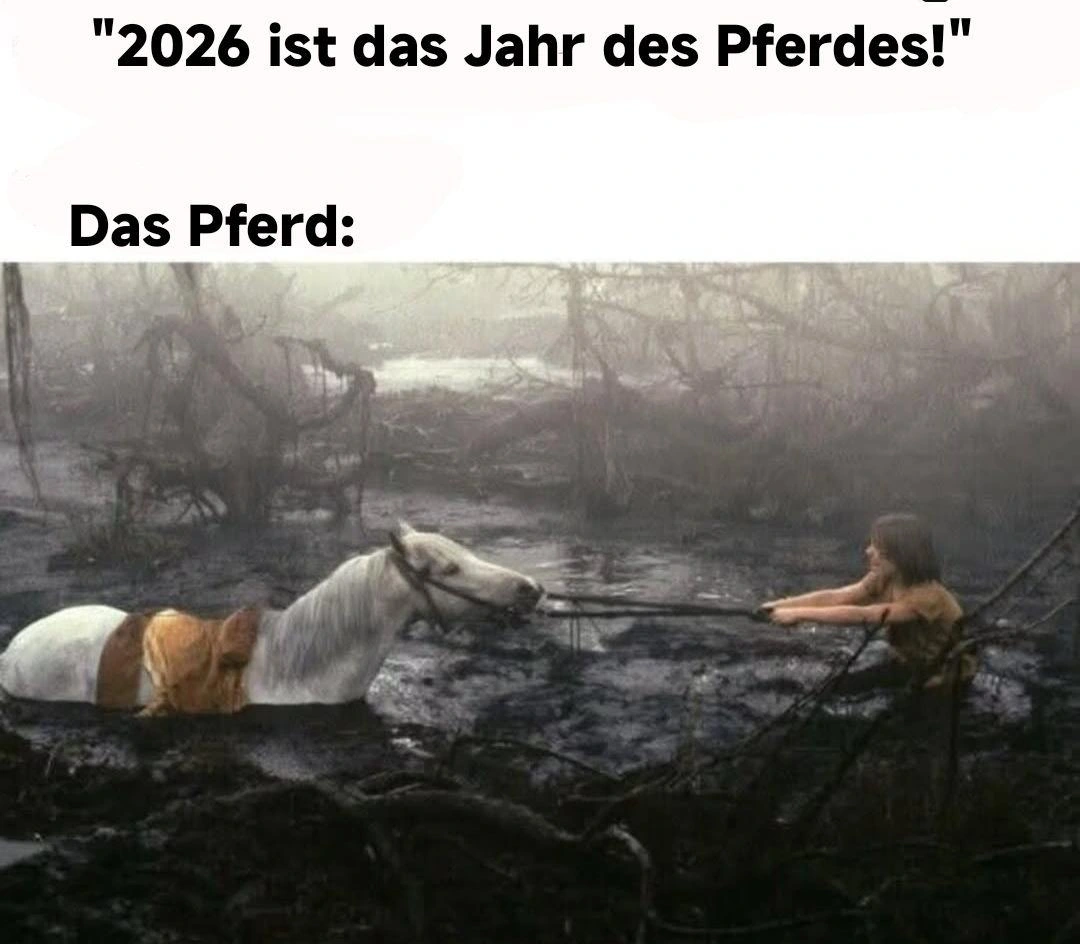 Oben: 2026 ist das Jahr des Pferdes
Das Pferd:
Da drunter ein Bild aus einer Szene von "Die unendliche Geschichte" wo Atréju versucht Atrax aus dem Sumpf der Traurigkeit zu ziehen, es aber nicht schafft und das Pferd weiter versinkt