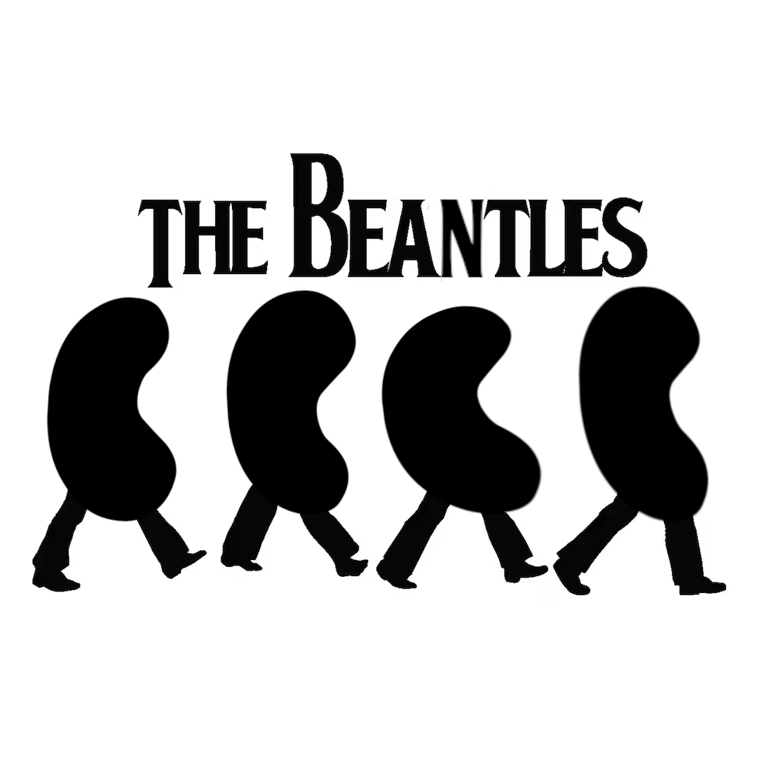 Stylized cover of "Abbey Road" showing the sillhouete of the beatles as beans with a text above saying "The Beantles".