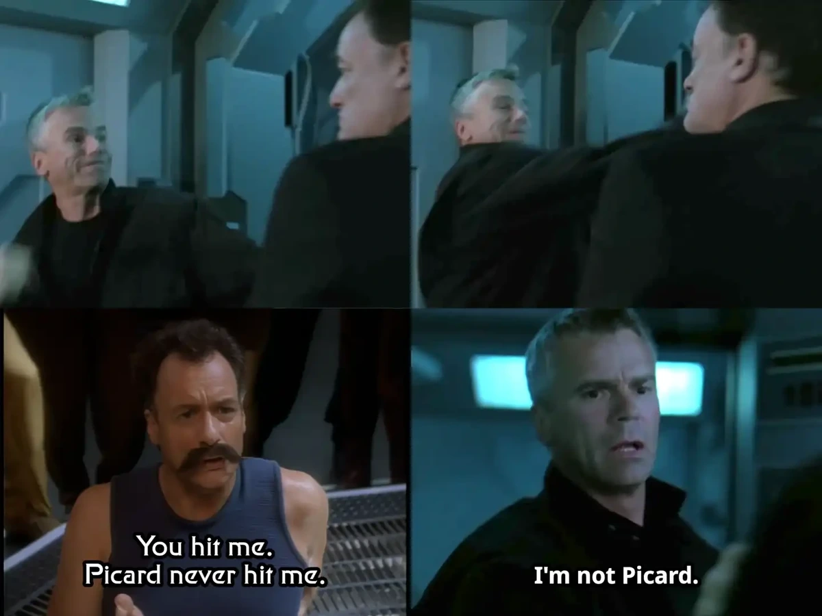 Panels 1/2: Jack punching Col. Simmons. Panel 3: Q saying "You hit me. Picard never hit me." Panel 4: Jack saying "I'm not Picard"