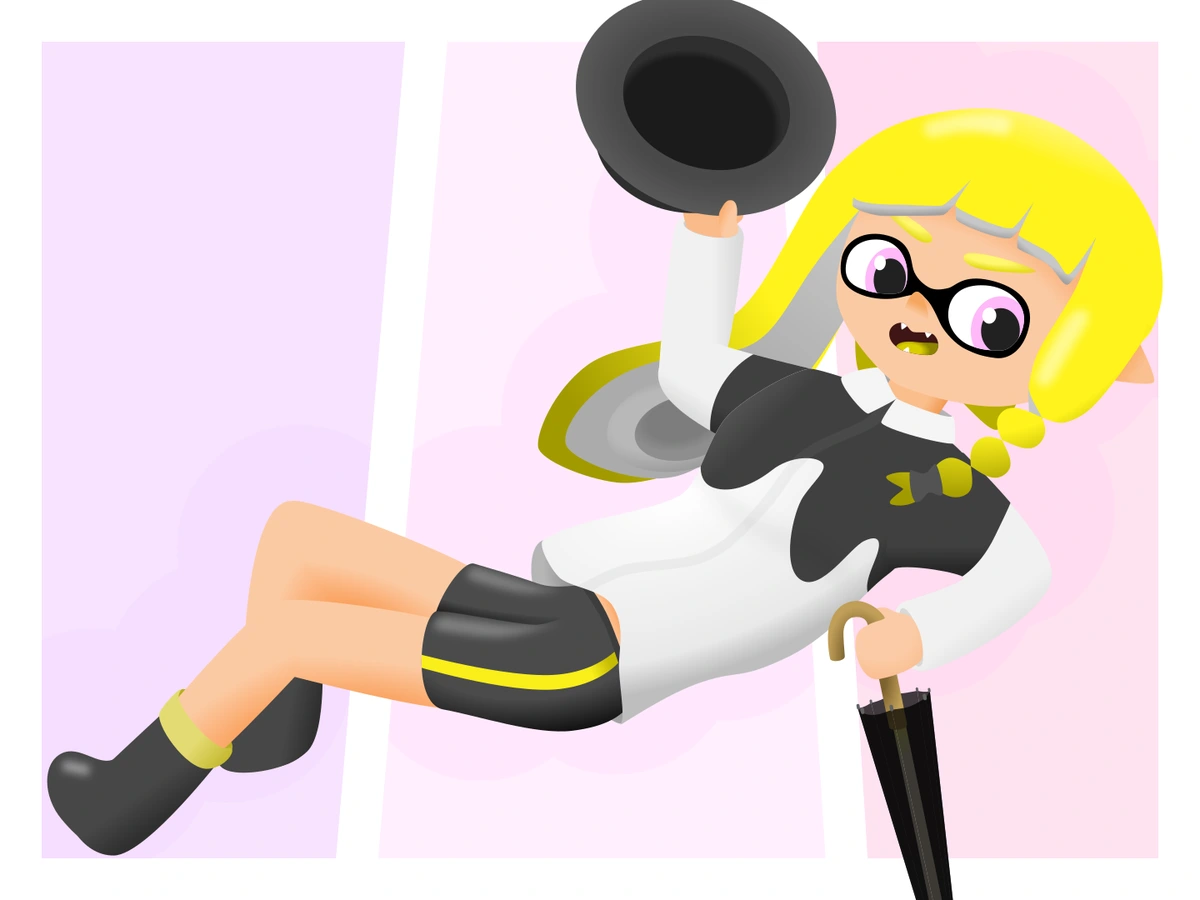 Integrelle (the inkling girl) in a cool falling pose, holding a hat on right hand and a Brella on left hand