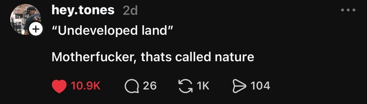 Threads post saying, ‘"Undeveloped land"
Motherfucker, thats called nature’