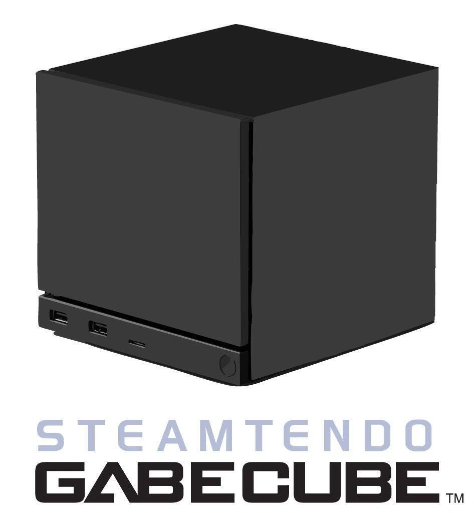Image of a black cube-shaped gaming console with ports on the front (Steam Machine), labeled "STEAMTENDO GABE CUBE™."