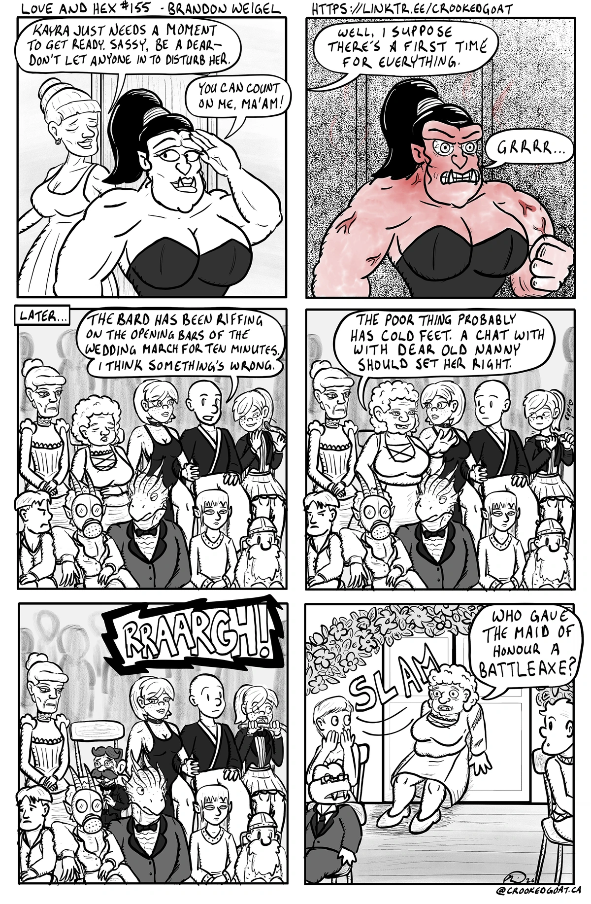 Page 155 from Love and Hex. Full transcript: https://crookedgoat.ca/comic/155/ Kayra's mother says something to set Sassy off.