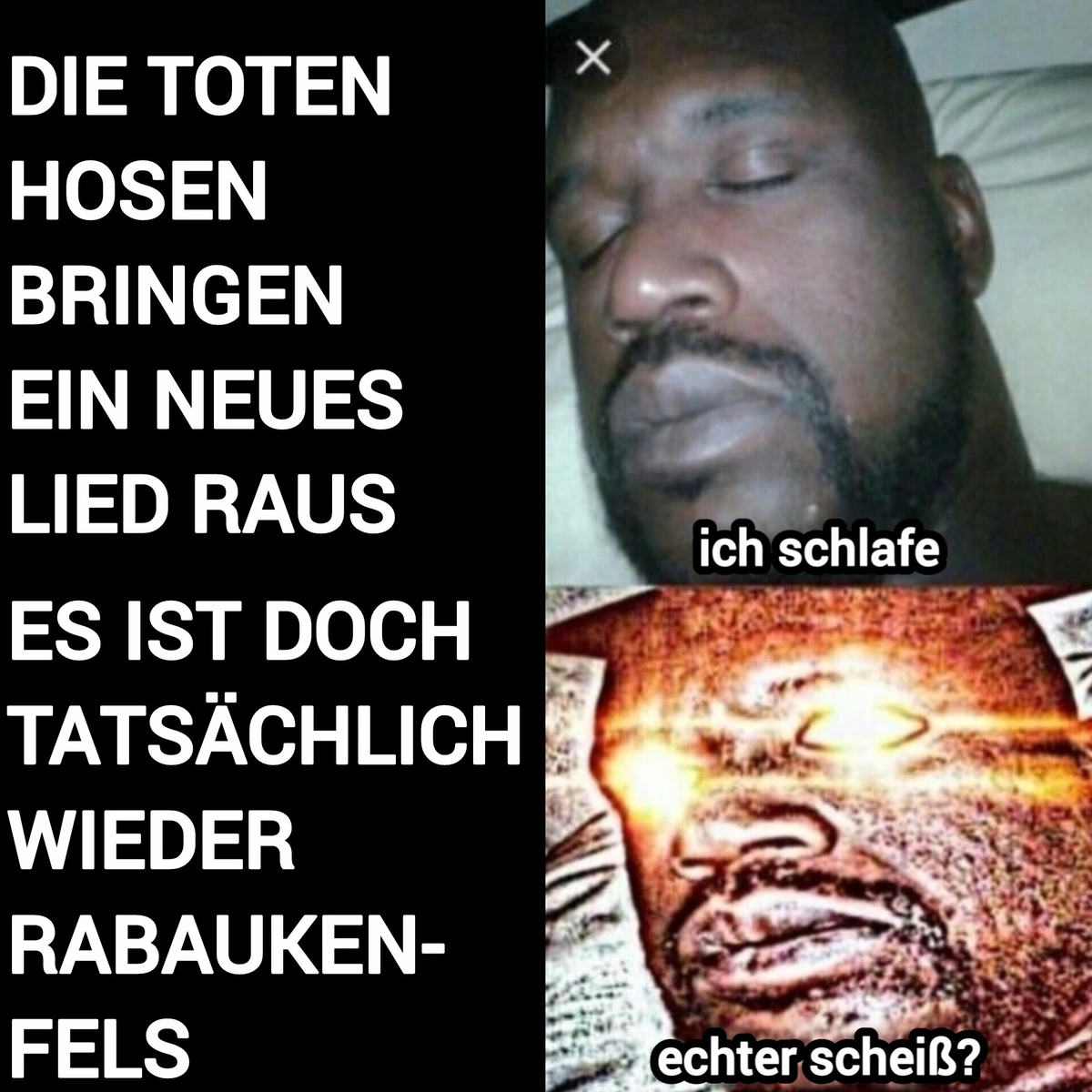 Schlafender Shaq-Meme. Neben dem schlafenden Shaq steht der Text: "Die Toten Hosen bringen ein neues Lied raus", neben Shaq mit leuchtende  Augen steht der Text: "Es ist doch tatsächlich wieder Rabaukenfels"